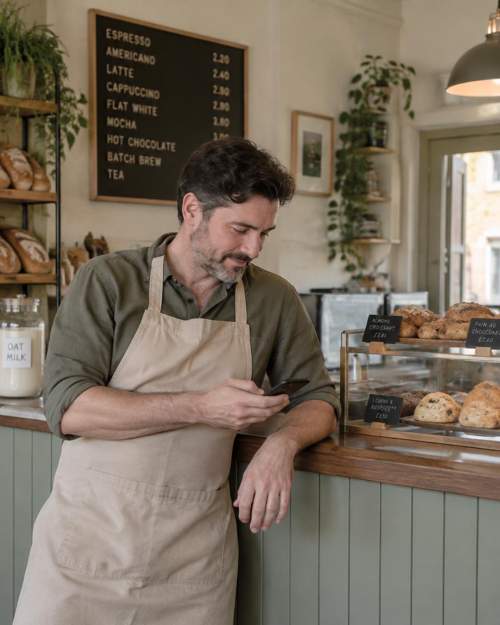 A café owner checking his phone at the counter
