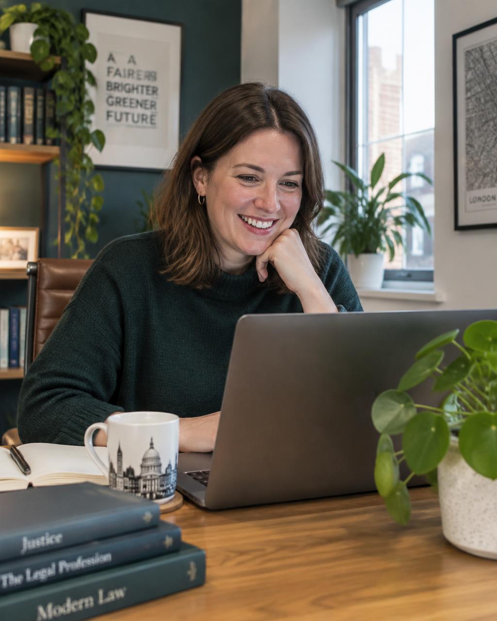 A lawyer smiling during a video consultation