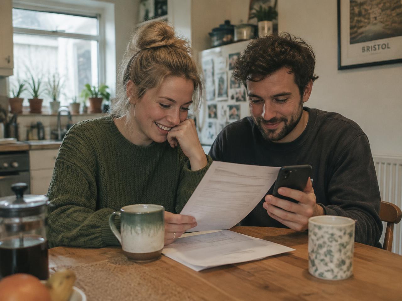 A couple reading a letter together at their kitchen table, looking relieved